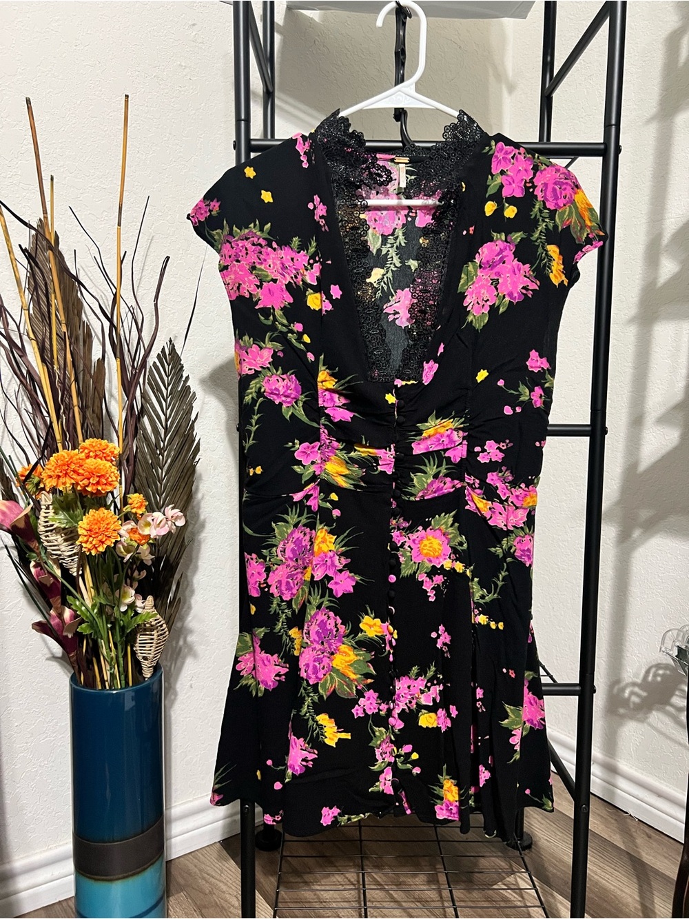 Free People Black Floral Lace-Trim Dress with Pink & Yellow Blooms